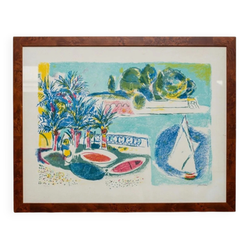 Vintage lithograph by Enrico Paolucci (1901-1999) – Beach motif – Colourful work, 70s style, wall art, unique decoration, gift idea.