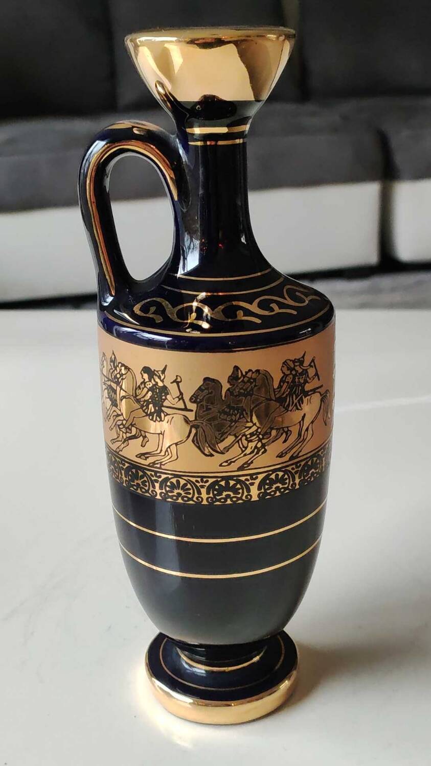 Greek Amphora Vase/Scenes of life Greek Mythology. Signed KA. Handmade in Greece, gilded with 24c fine gold. High 22.5 cm