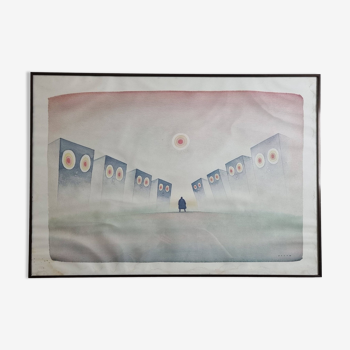 Affiche d'après Jean-Michel Folon, "Seul" encadrée sous verre vintage, 69 cm
