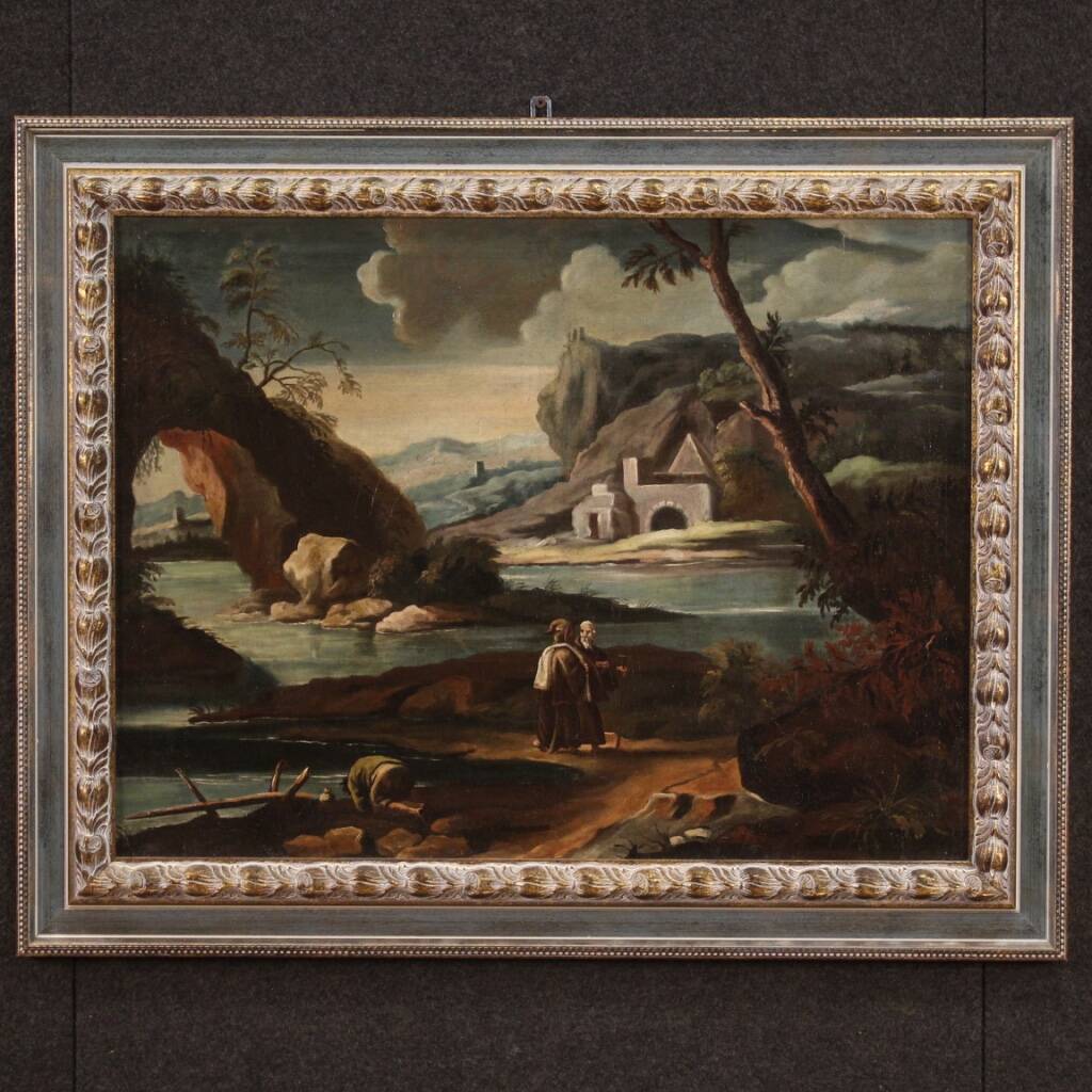 Antique painting landscape with characters from 18th century