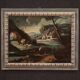 Antique painting landscape with characters from 18th century