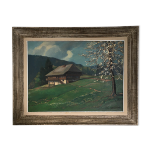 Tableau ancien chalet et arbre