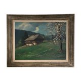 Old cottage and flowering tree table
