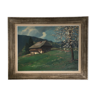 Tableau ancien chalet et arbre en fleurs