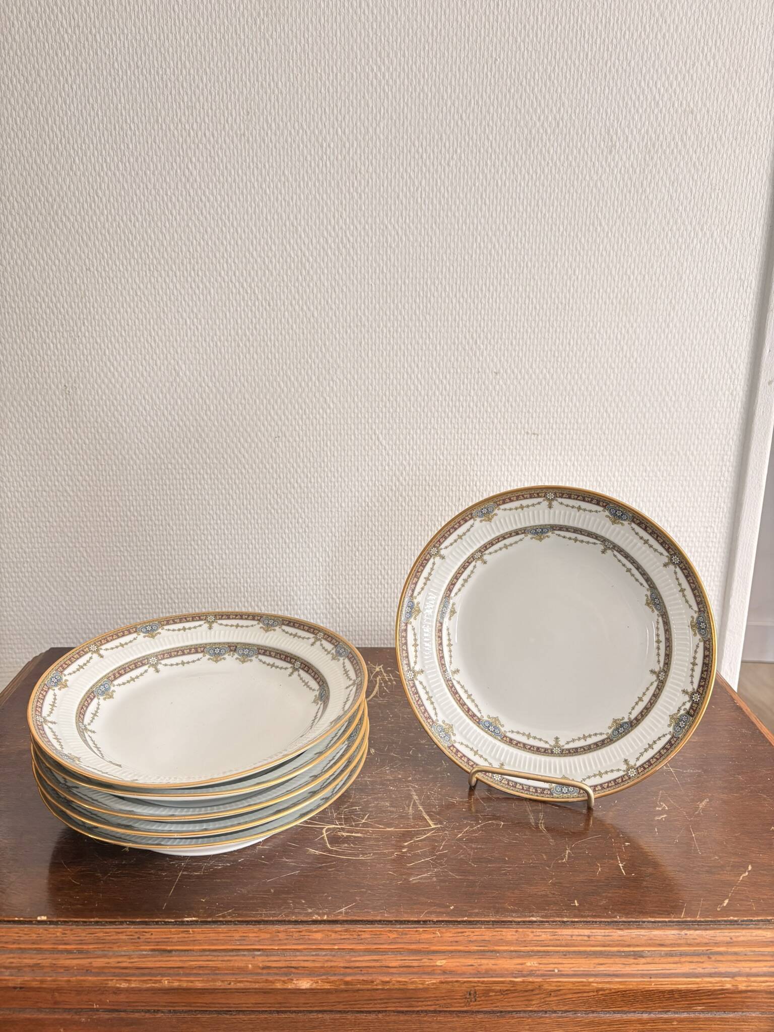 6 Deep Plates Limoges Porcelain Harreau Fluted Edge Neo-Classical