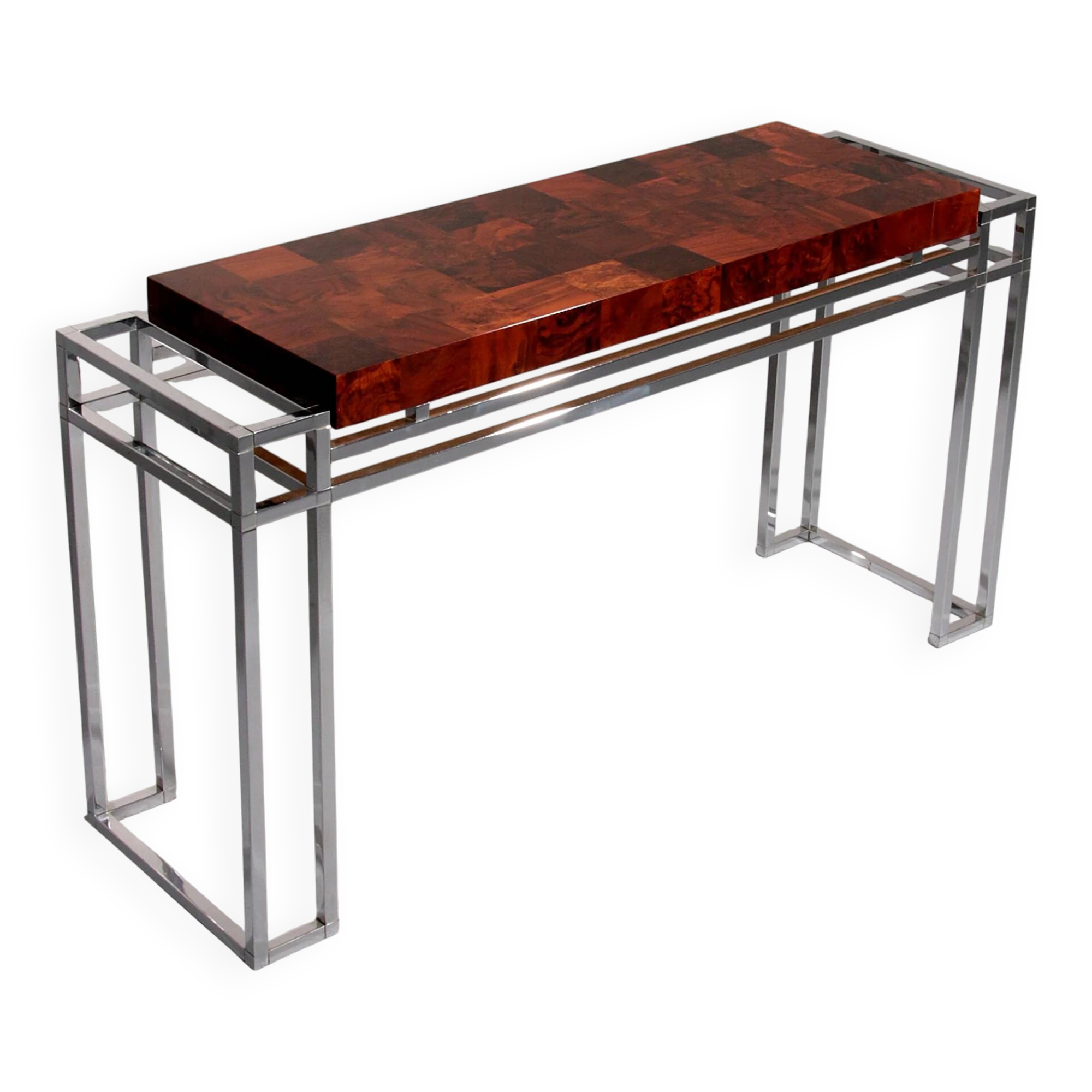Table console en chrome et bois d'Aldo Tura, années 1970