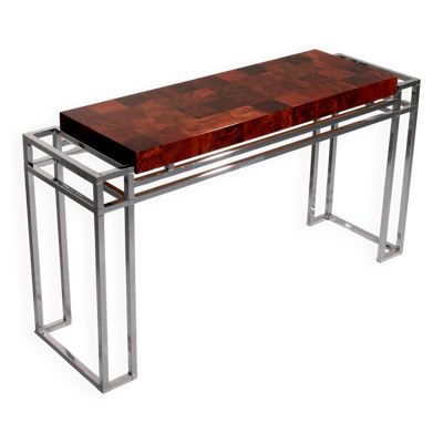 Table console en chrome et bois d'Aldo Tura, années 1970