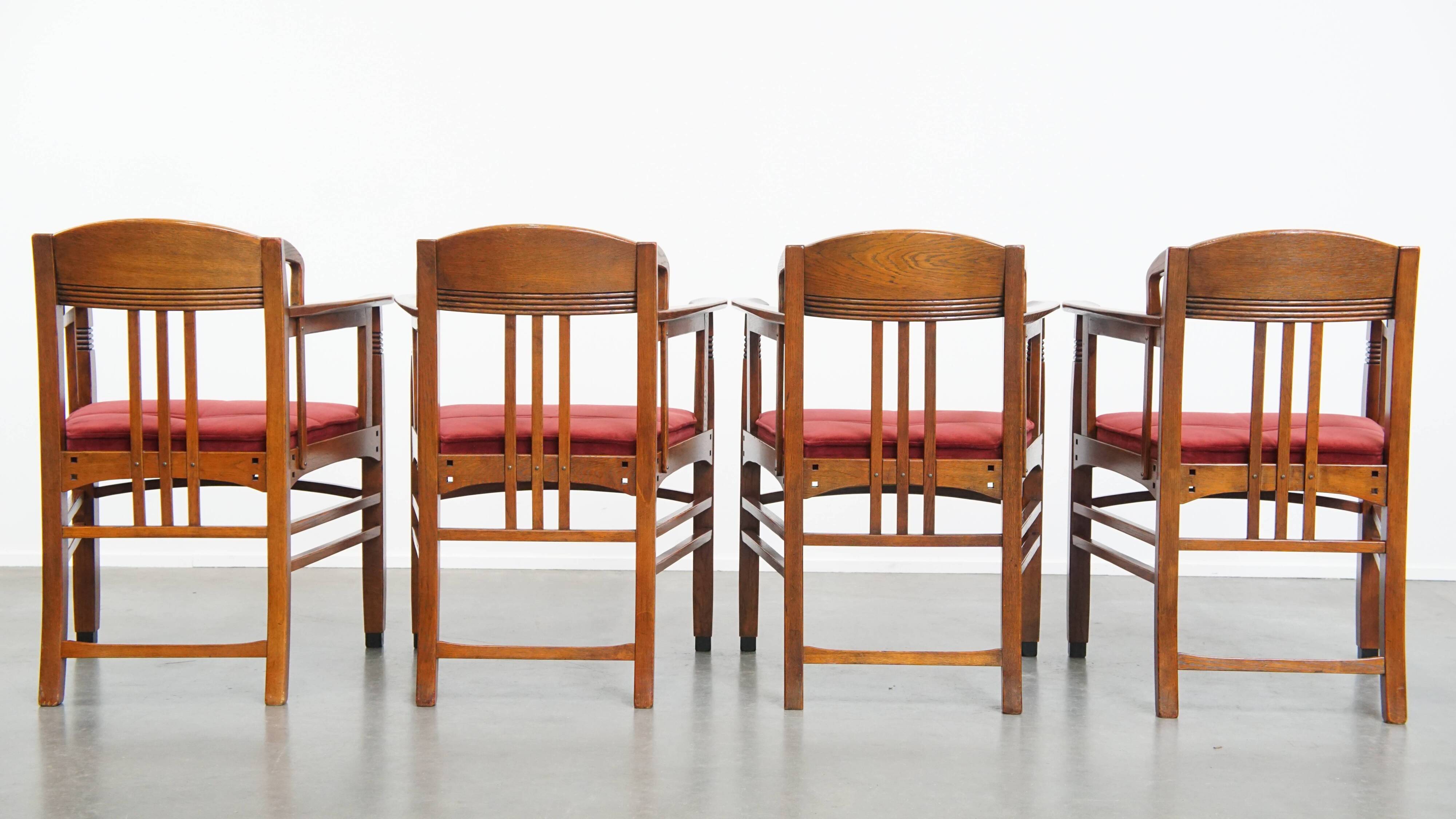 Ensemble de 4 chaises de salle à manger Art Nouveau / Jugendstil avec revêtement rouge