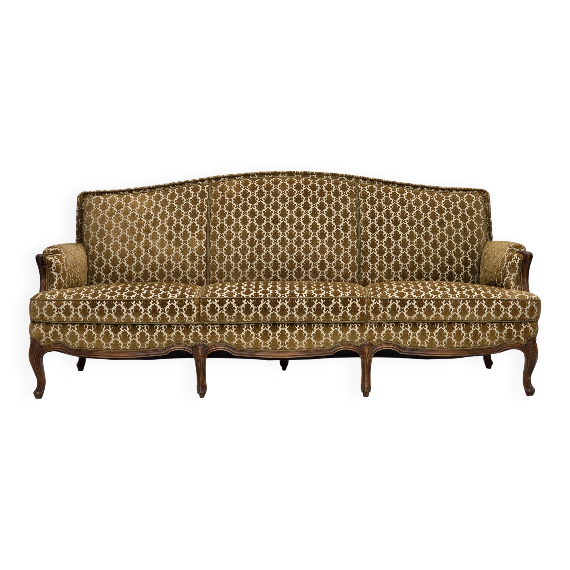 1950s, Danish 3-seater sofa, furniture velour, carved ash wood.