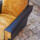 Pair of vintage 60s armchairs in black imitation leather and mustard toffee