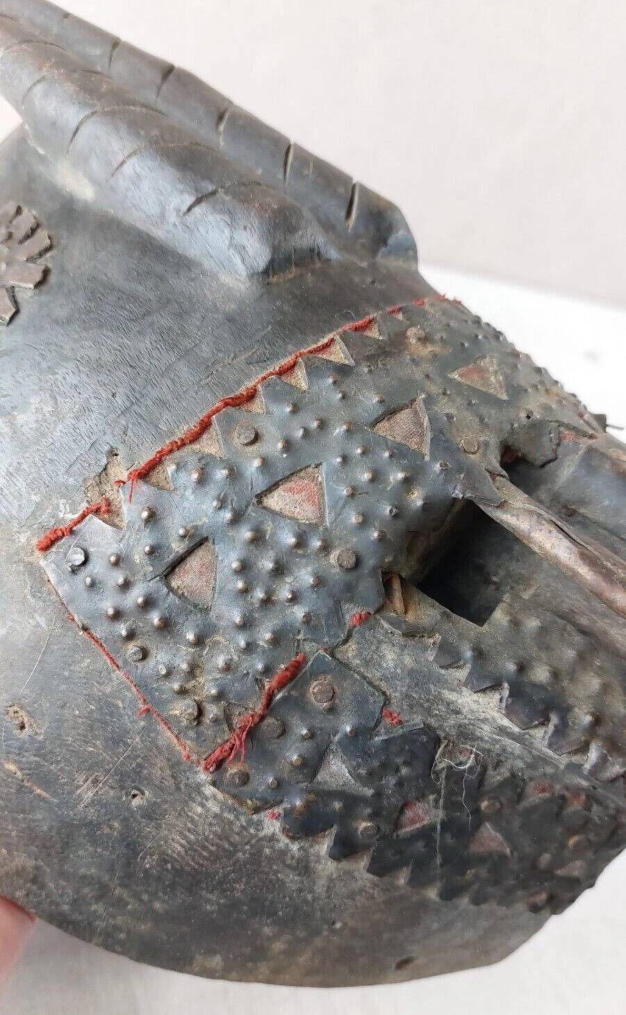 Antique African mask, carved wood and metal plates, Marka Mali