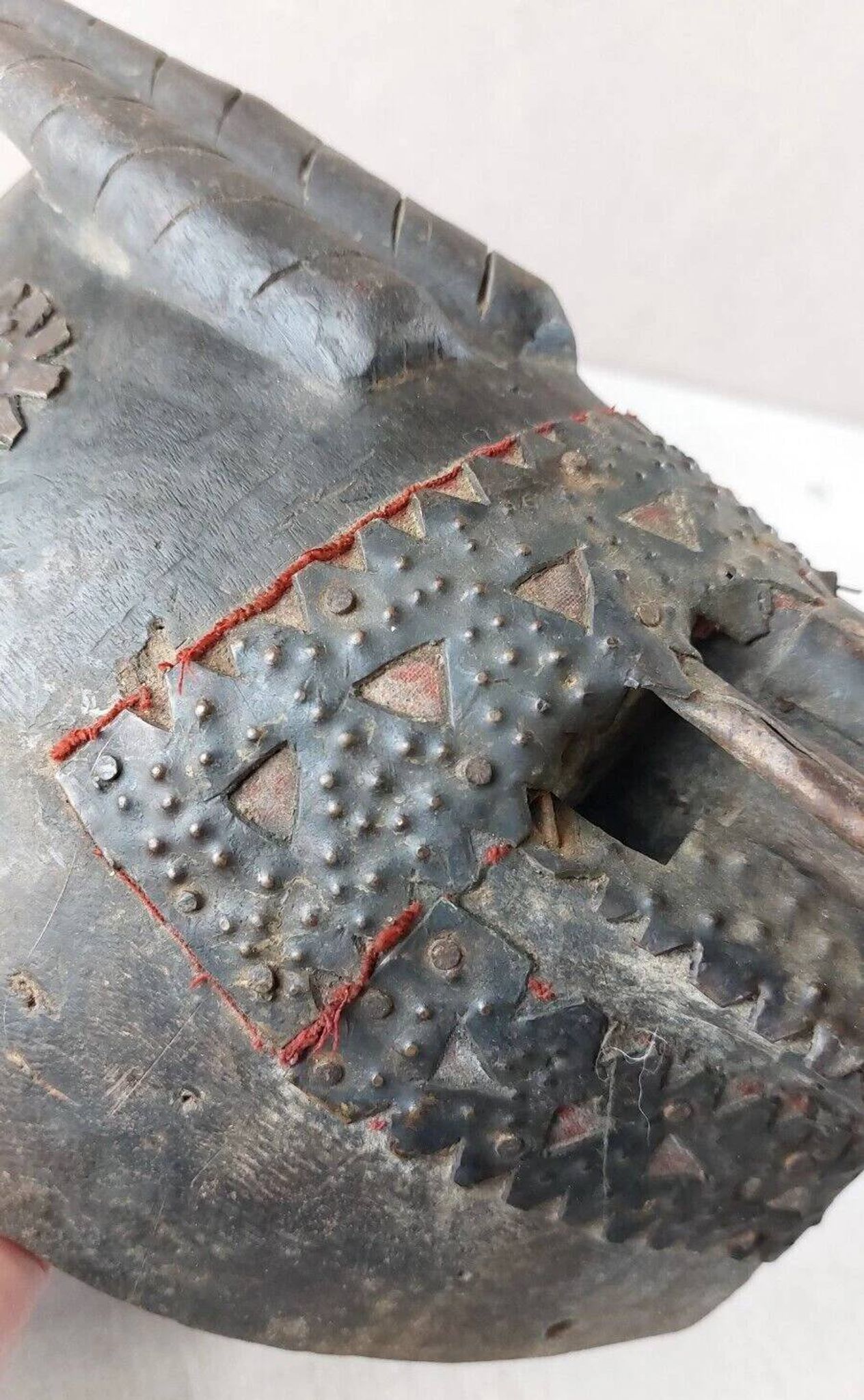 Antique African mask, carved wood and metal plates, Marka Mali