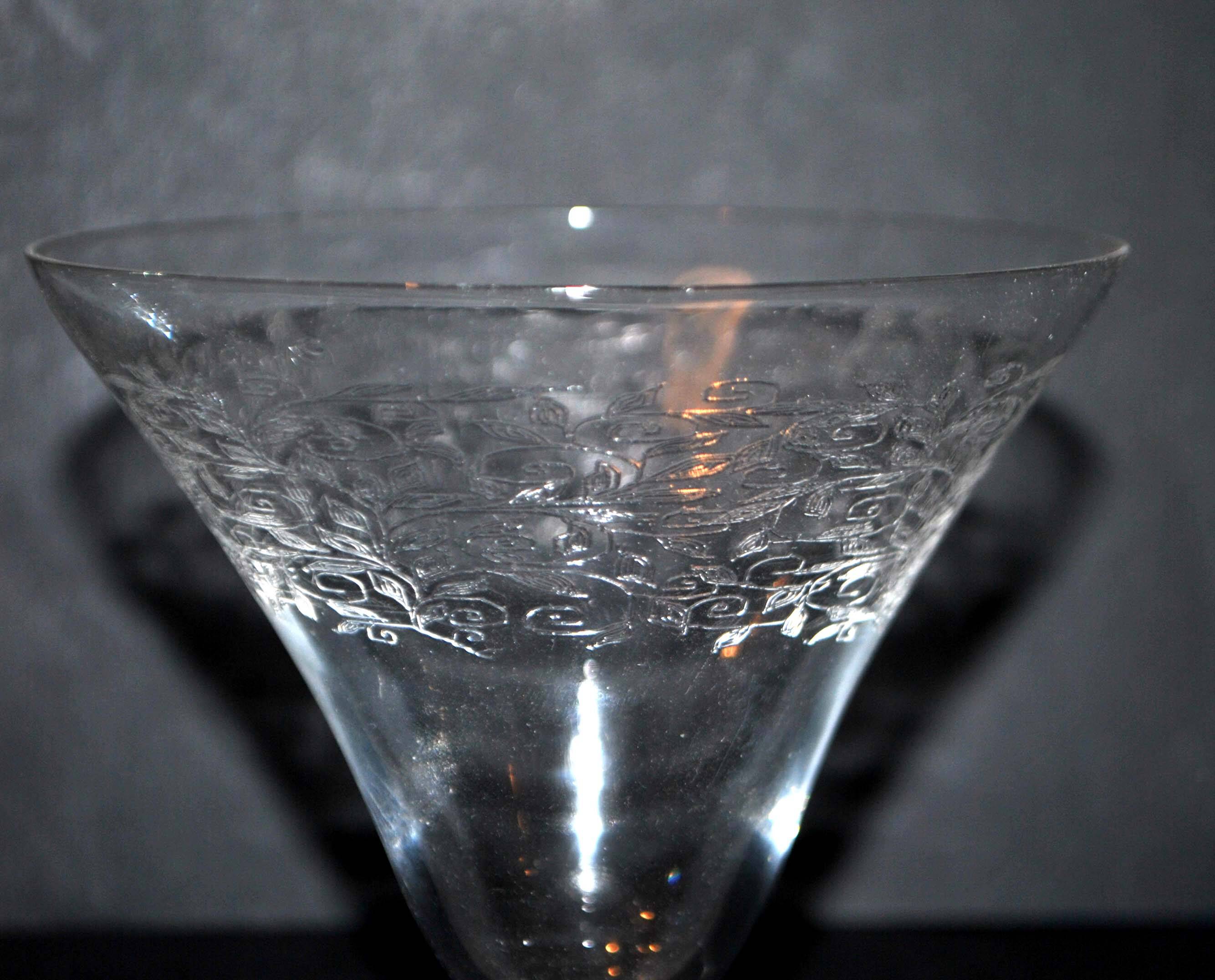 Set of 2 flared crystal glasses engraved guilloche scrolls art deco 1920 champagne cocktail cup