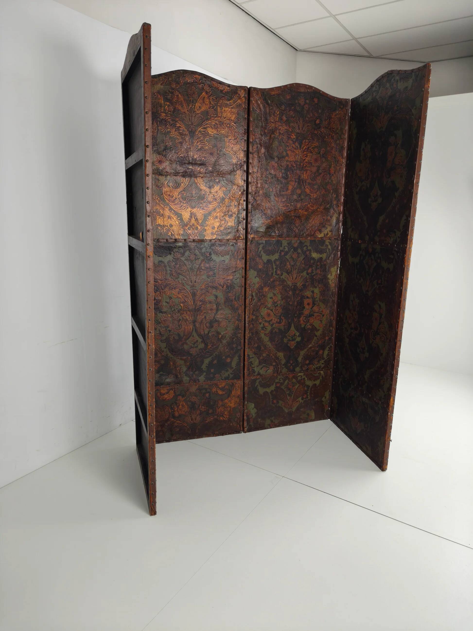 Late 18th-century Belgian embossed leather folding screen – after Daniel Marot