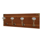 Wall-mounted coat rack with 4 ceramic hooks in blue and white, vintage style.