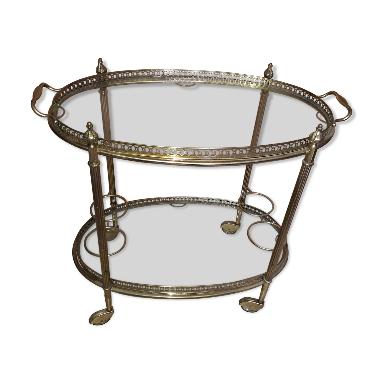 Dessert on brass wheels and glass door bottles year 60