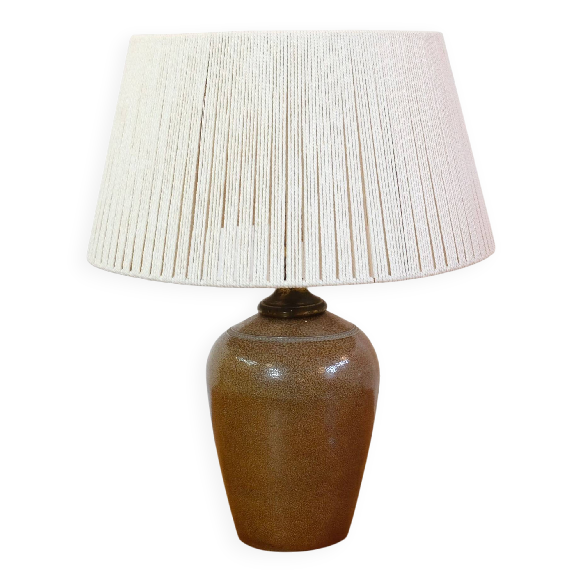 Stoneware lamp with a cotton thread shade, 1970s.