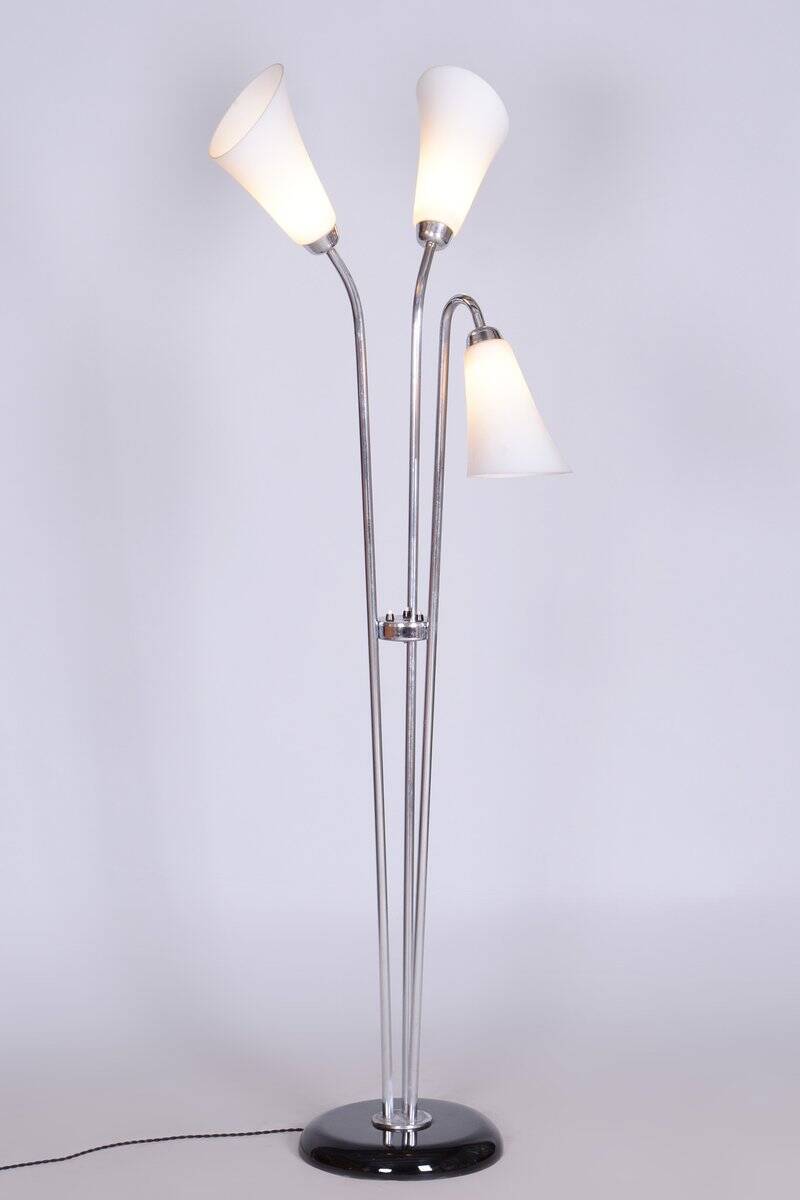 Czech Art Deco Floor Lamp in Chrome, Opal Glass and Lacquered Wood, 1930s