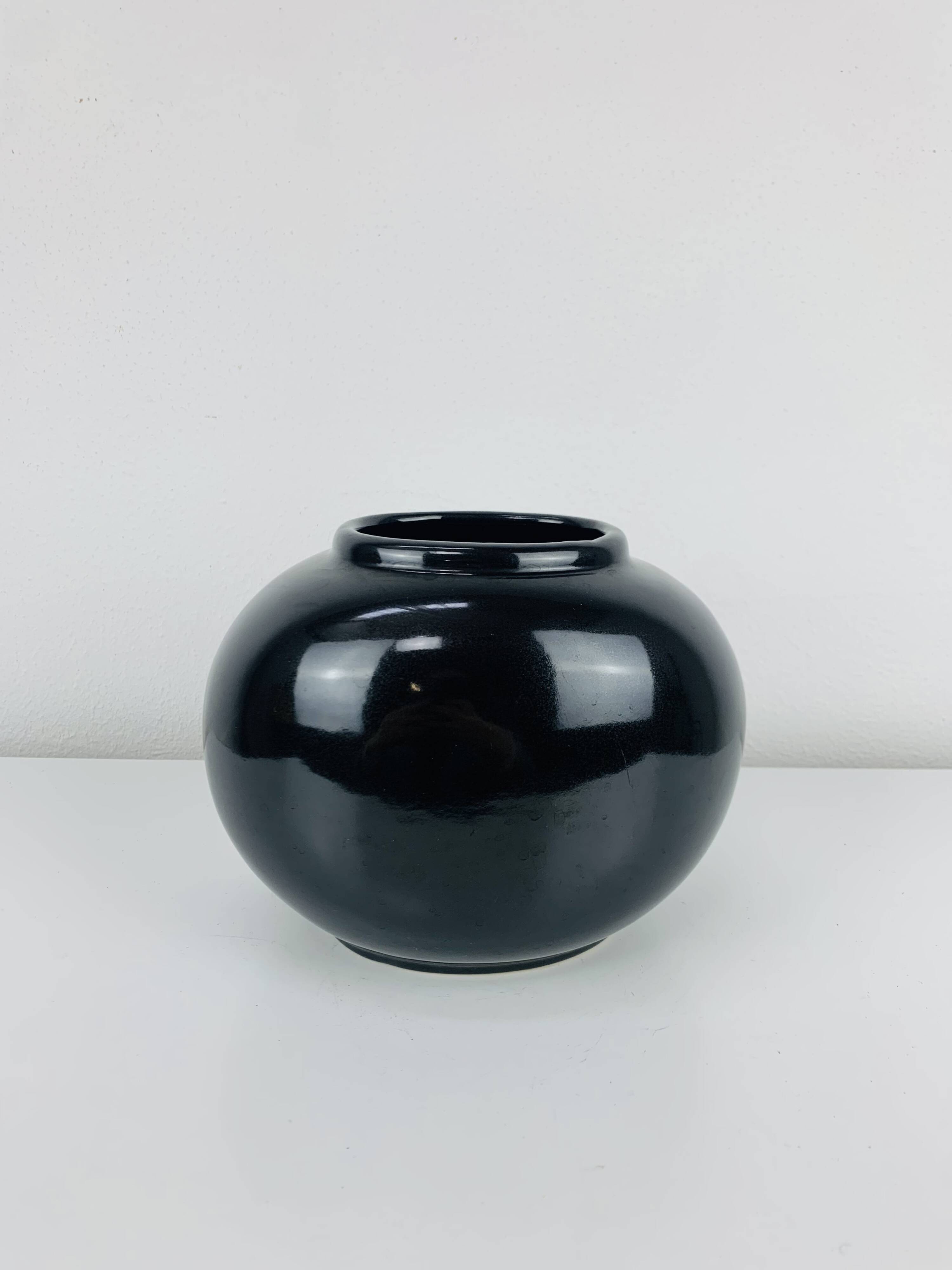 Black ceramic ball vase, West Germany, vintage