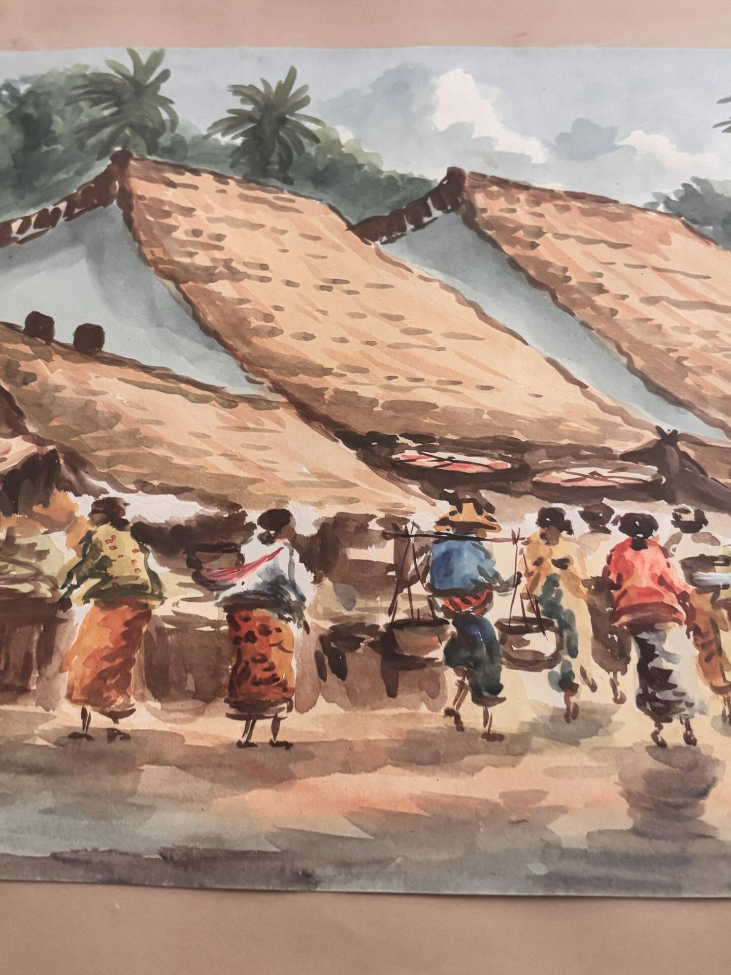 Aquarelle ancienne - Scène de Marché - École d'Indochine v. 1950