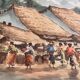 Aquarelle ancienne - Scène de Marché - École d'Indochine v. 1950