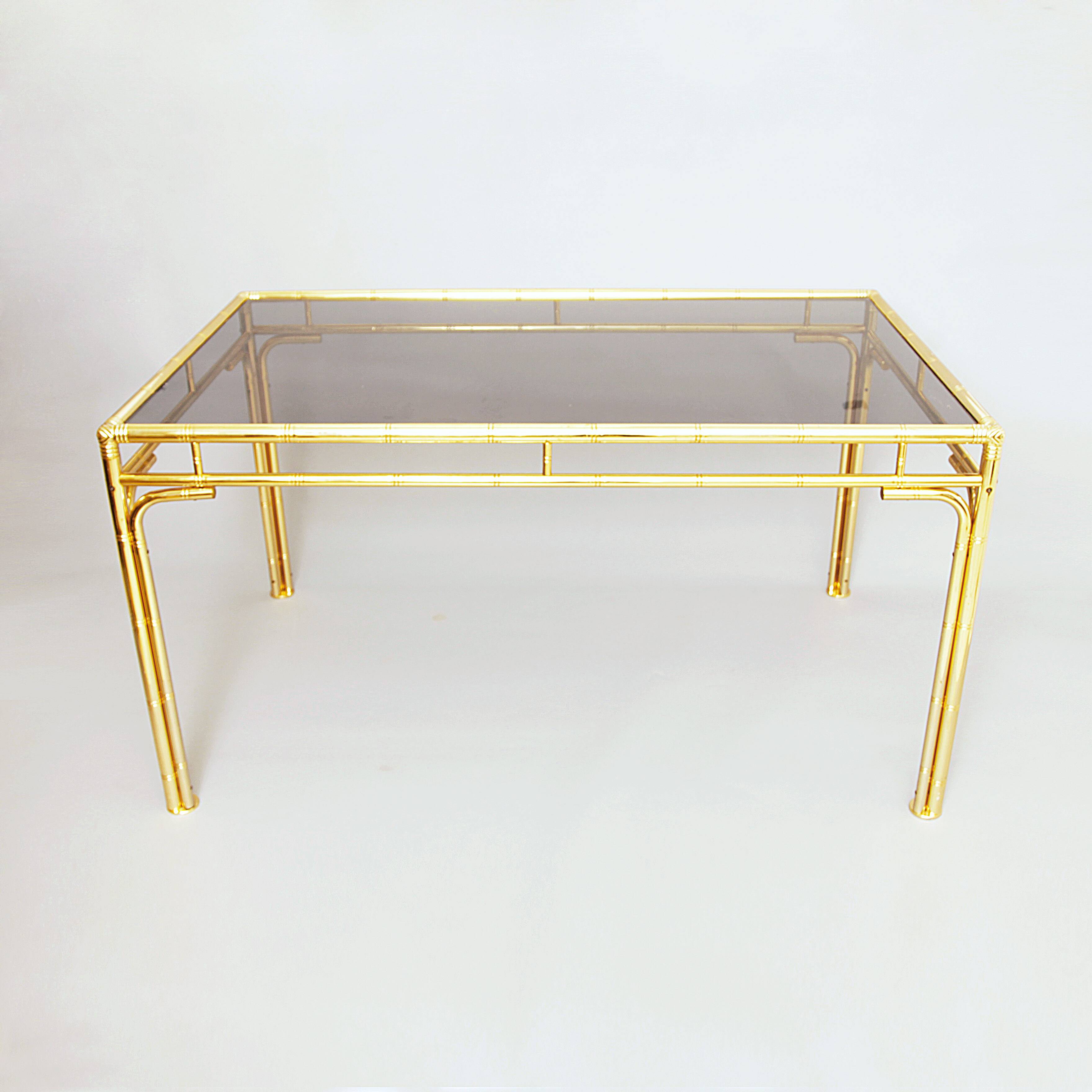Brass Faux Bamboo Dining Table 1970s Hollywood Regency Glass Gold