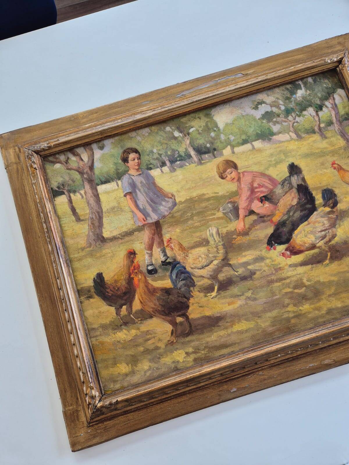 Oil Painting on Canvas "Children at the Farm" Signed Lo Presti - Gilded Frame