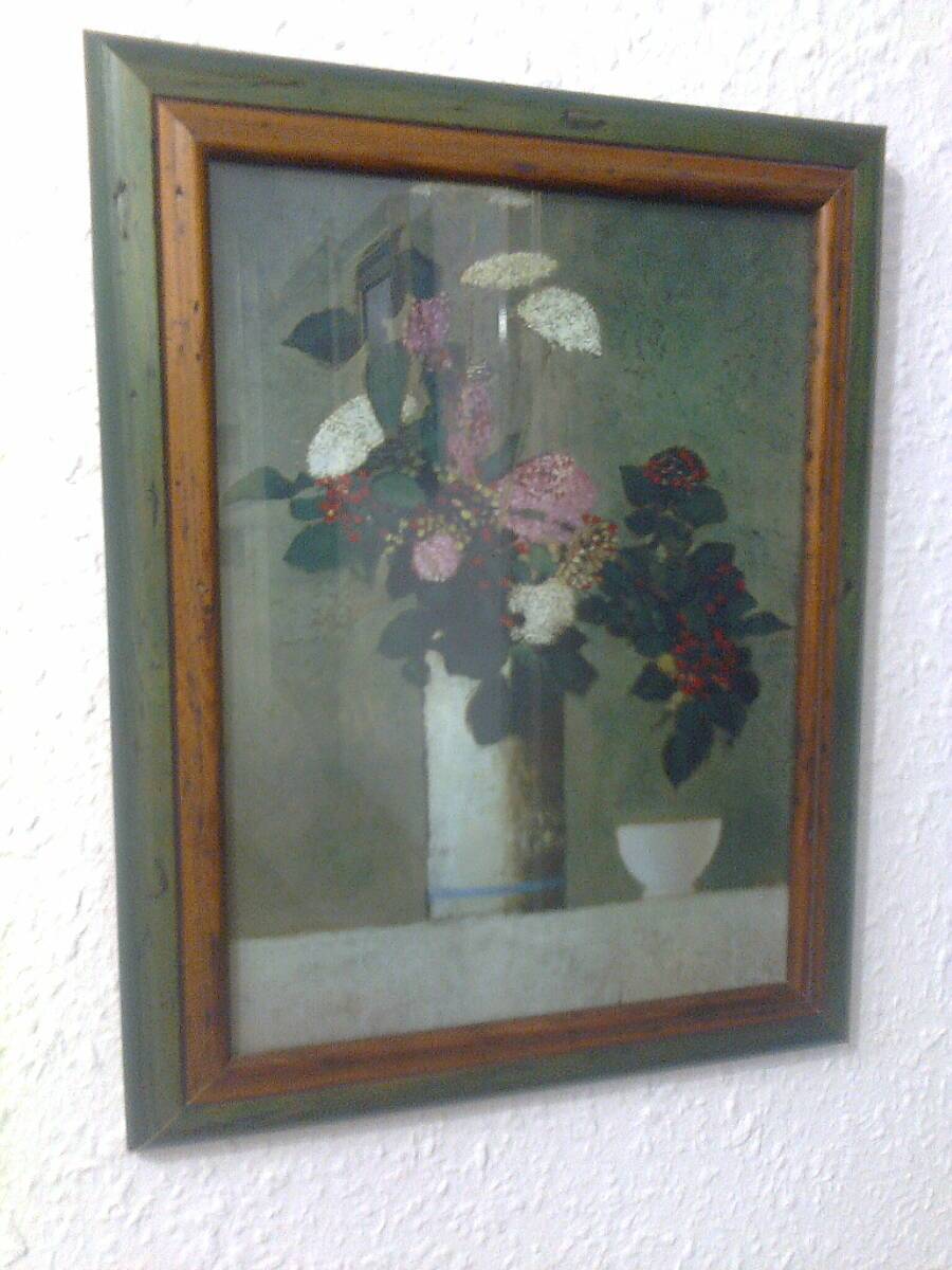 Rectangular frame two-tone wood brown/green, image: painting bowl+vase of flowers