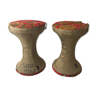 Tam-tam stools dressed in burlap and flower fabric