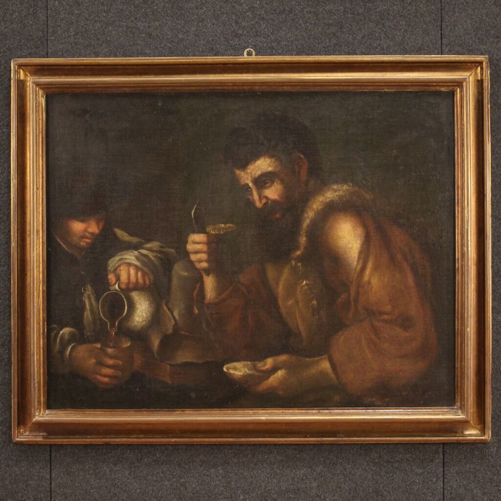 Antique painting from 17th century, interior of a tavern