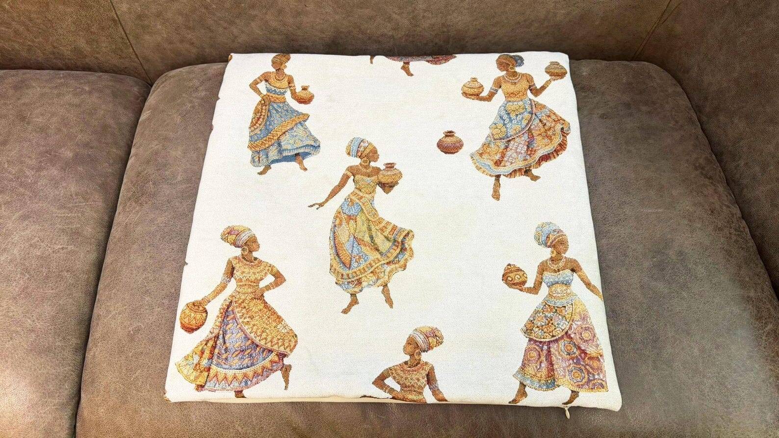 African Pottery Women Jacquard Cushion, Figural Woven Pillow Cover