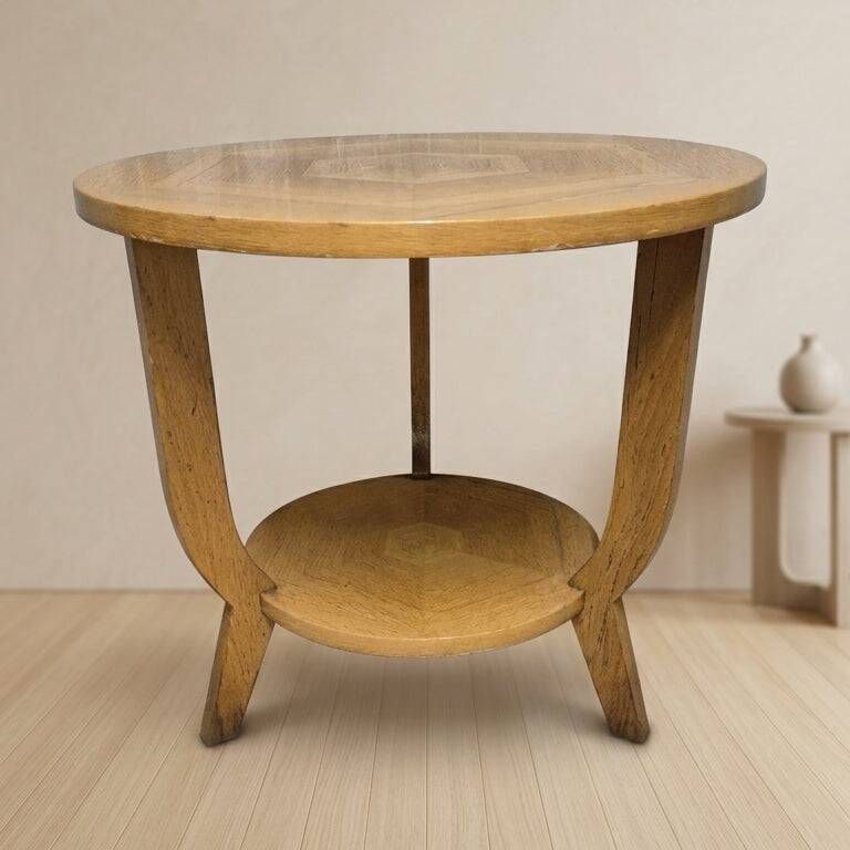 Vintage round wooden coffee table with lower shelf, 20th century