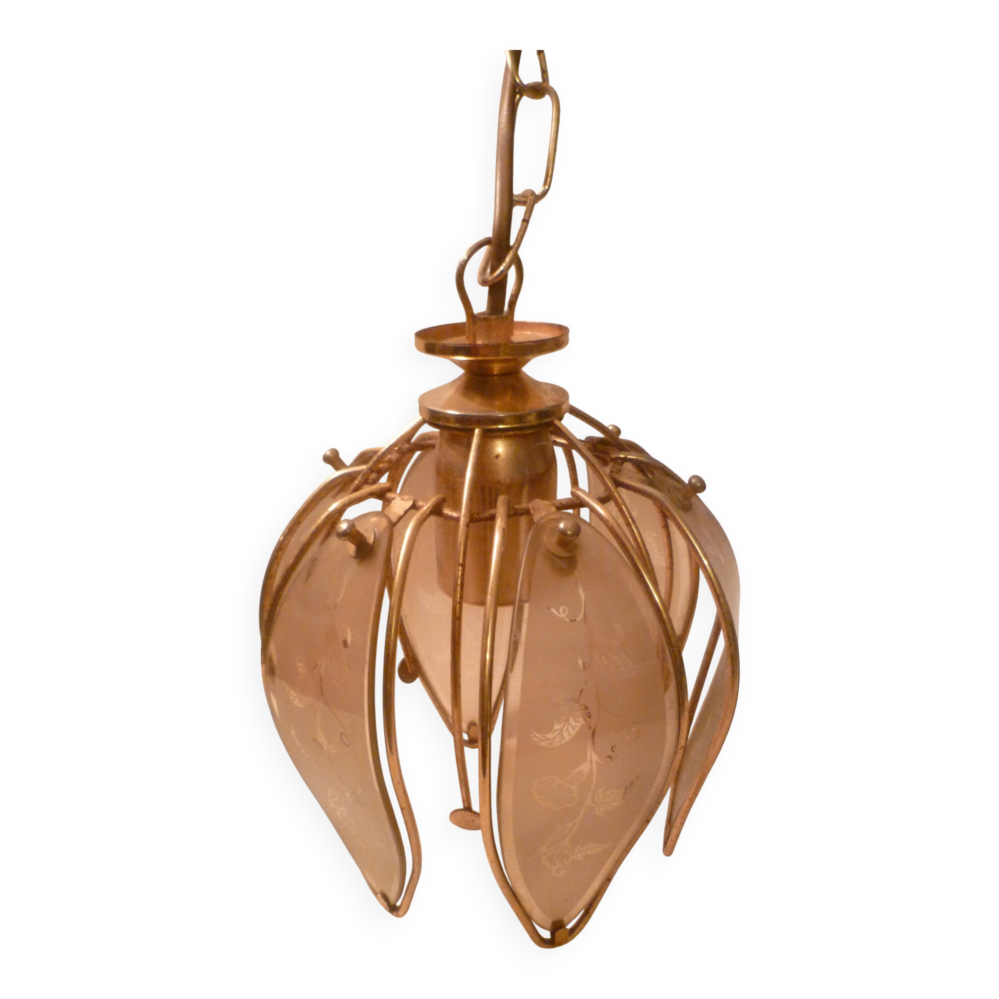 Vintage 70s tulip petal chandelier pendant light, gold plated and plexiglas