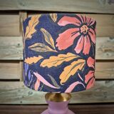 Table lamp, pink glass globe base, floral shade