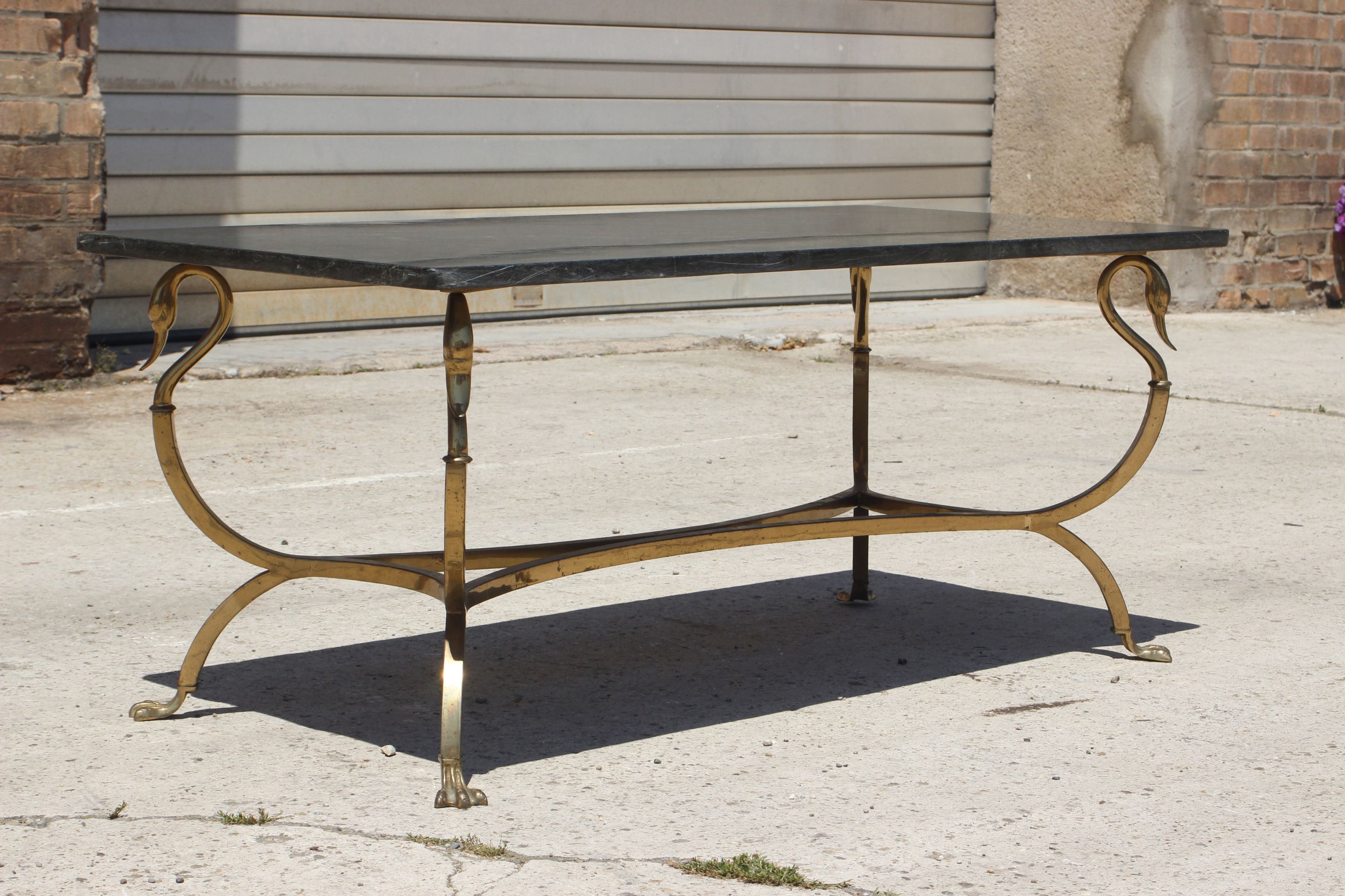 Bronze swan low table and pearl green marble 1950s