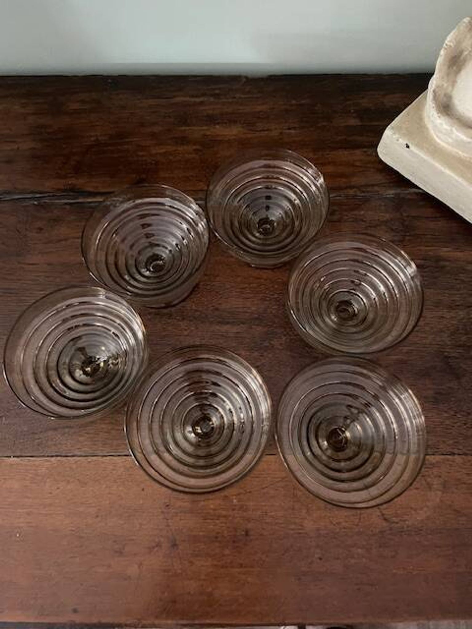 6 vintage ice cream coupes, blown glass brown fruit