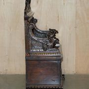 Banc Monks Antique Sculpté Lion Griffon 1860 avec Rangement