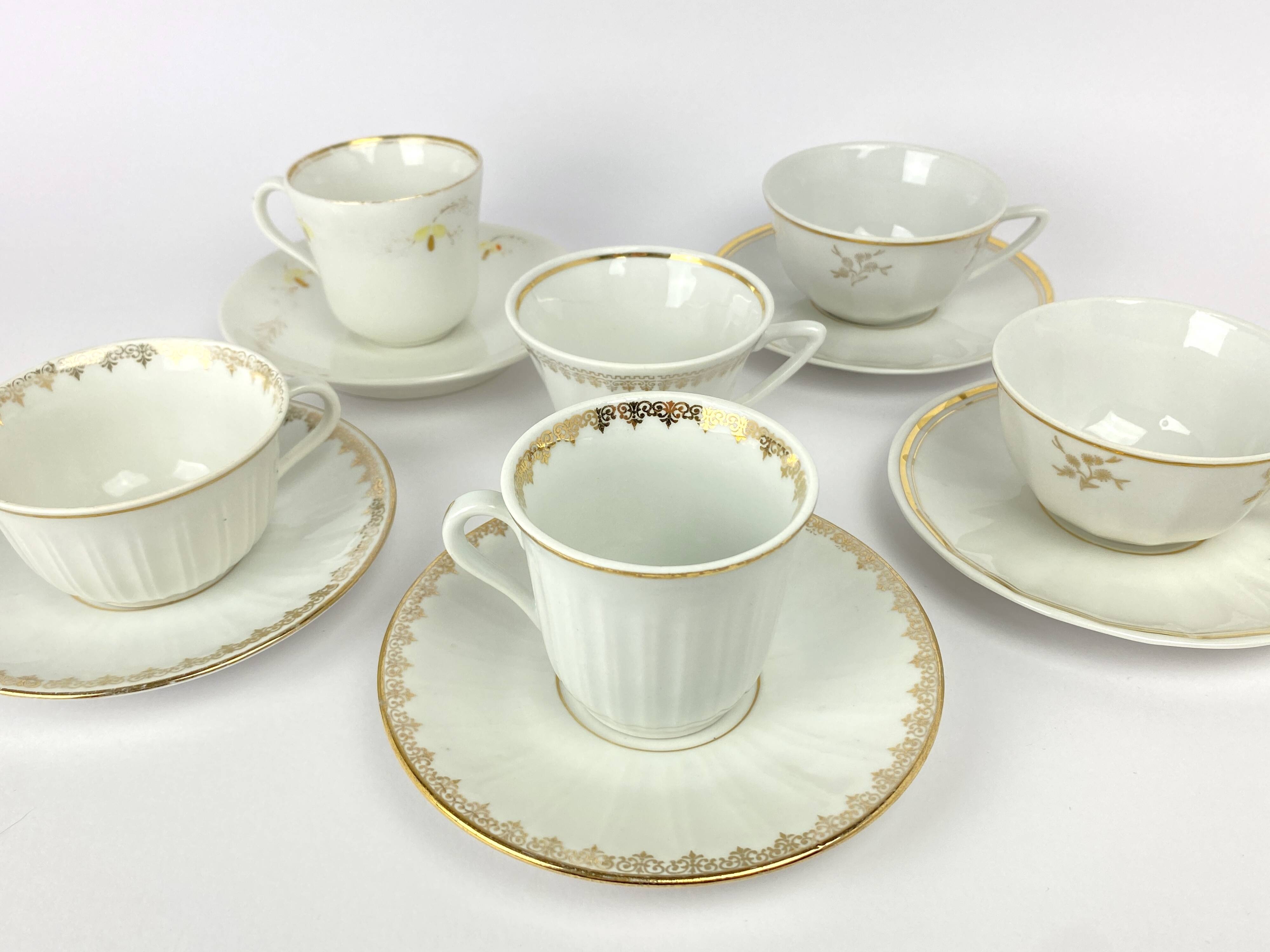 Vintage Mismatched Set of 6 Porcelain Cups and 5 Saucers - Gold