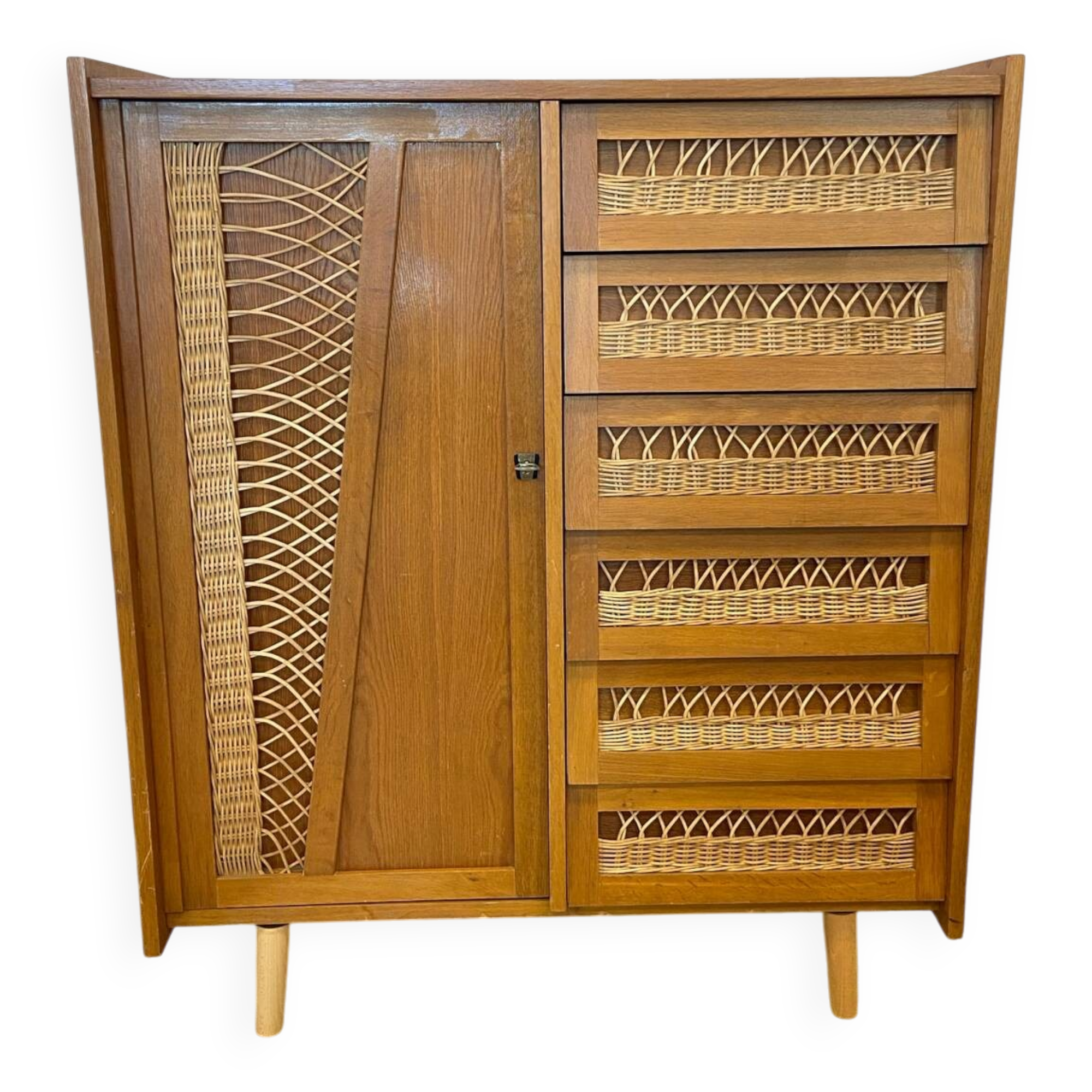 Wood and rattan chest of drawers and wardrobe