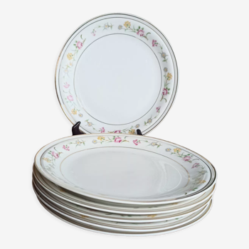 6 assiettes plates en porcelaine de Châtres-sur-Cher des années 50 - Dorure et fleurs - Lot n°1