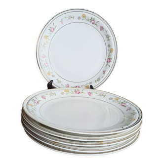 6 assiettes plates en porcelaine de Châtres-sur-Cher des années 50 - Dorure et fleurs - Lot n°1
