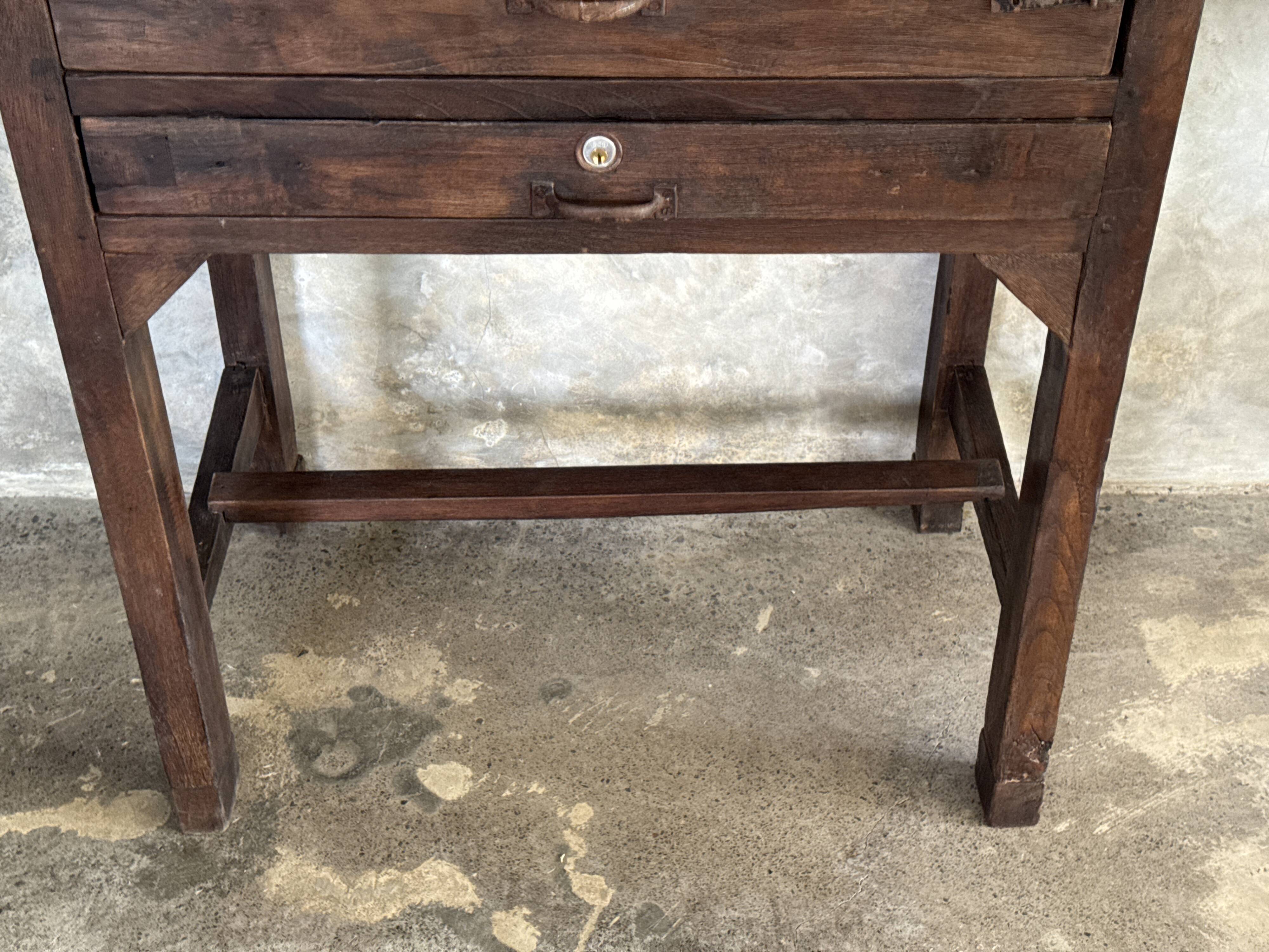 Antique Indonesian teak workbench with two drawers and stretcher H89.
