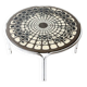 Black and white round coffee table with a mandala top and chrome metal base.
