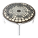 Black and white round coffee table with a mandala top and chrome metal base.