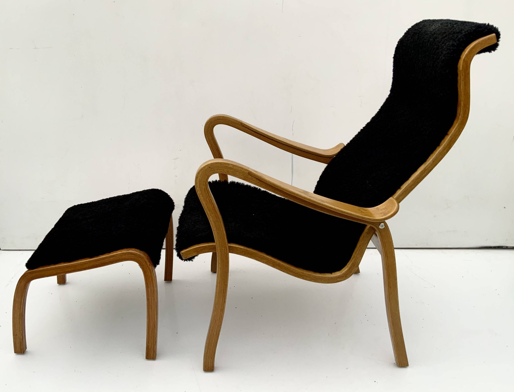 Vintage G.A. Berg “Torparen” Armchair, Oak, Black Sheepskin, Ottoman, 1960s