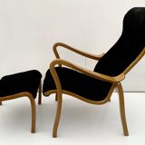 Vintage G.A. Berg “Torparen” Armchair, Oak, Black Sheepskin, Ottoman, 1960s