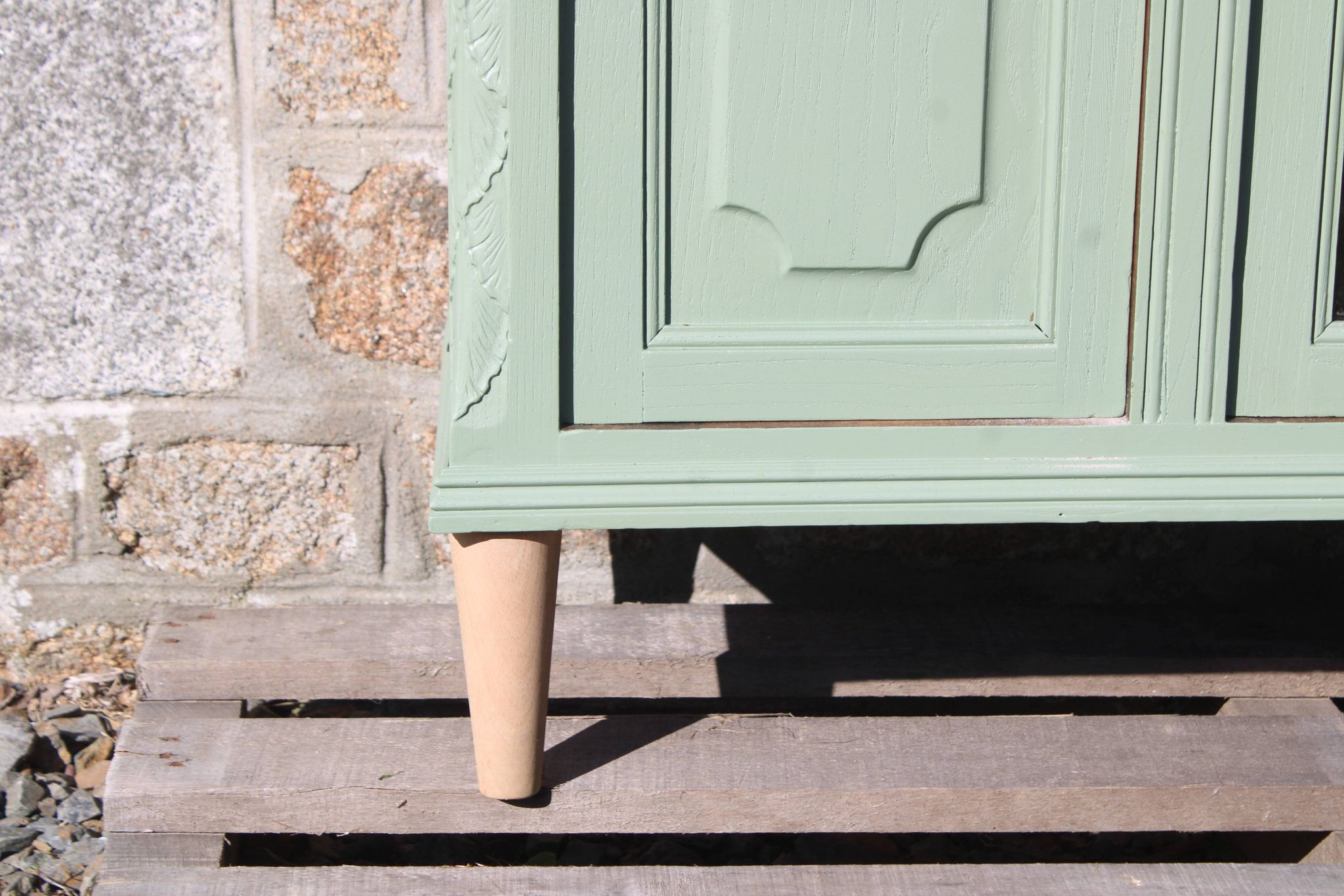 Renovated vintage sage green enfilade – wooden legs & bevelled display cabinets