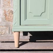 Renovated vintage sage green enfilade – wooden legs & bevelled display cabinets