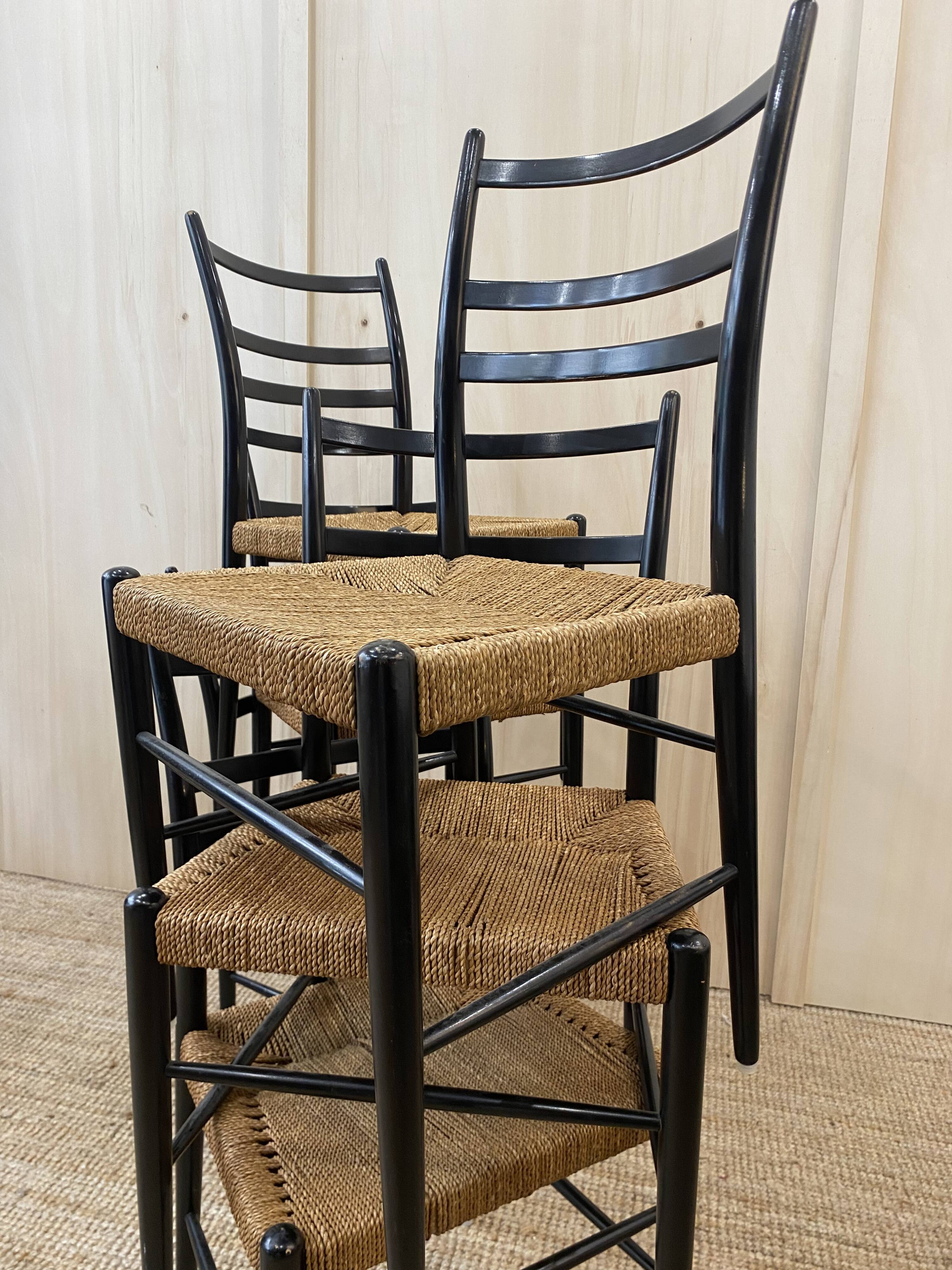 Série de 6 chaises en bois & cordes - italie 1960