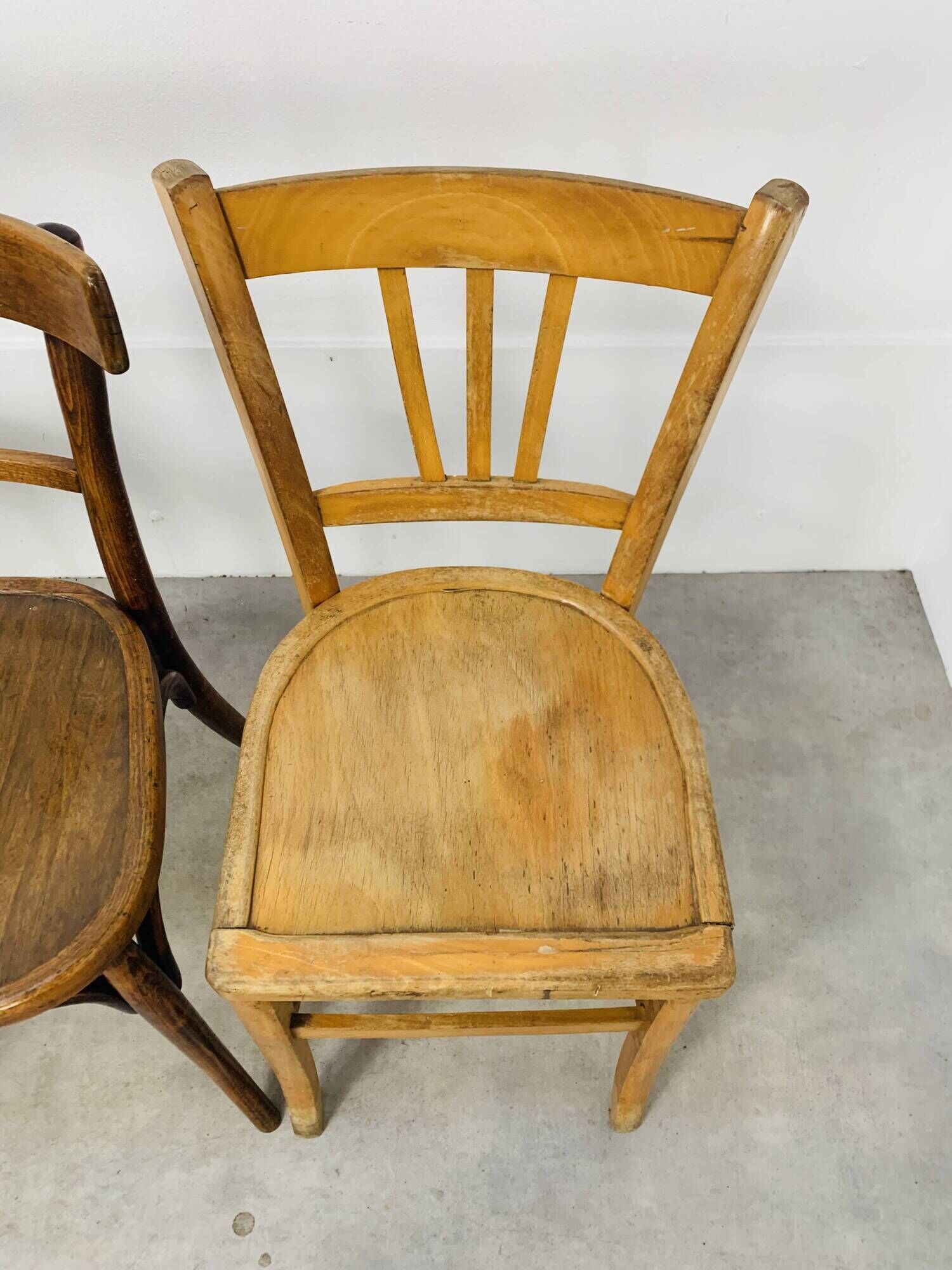 6 mismatched Baumann & Luterma bistro chairs, wood, 1960s